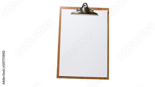 Wooden clipboard with blank white paper and metal clip