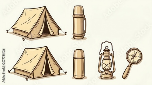 Vintage camping gear illustration set tents thermos lantern and compass for outdoor adventures