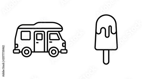 Rv camping and summer treat icon set line art vector illustration for travel and leisure