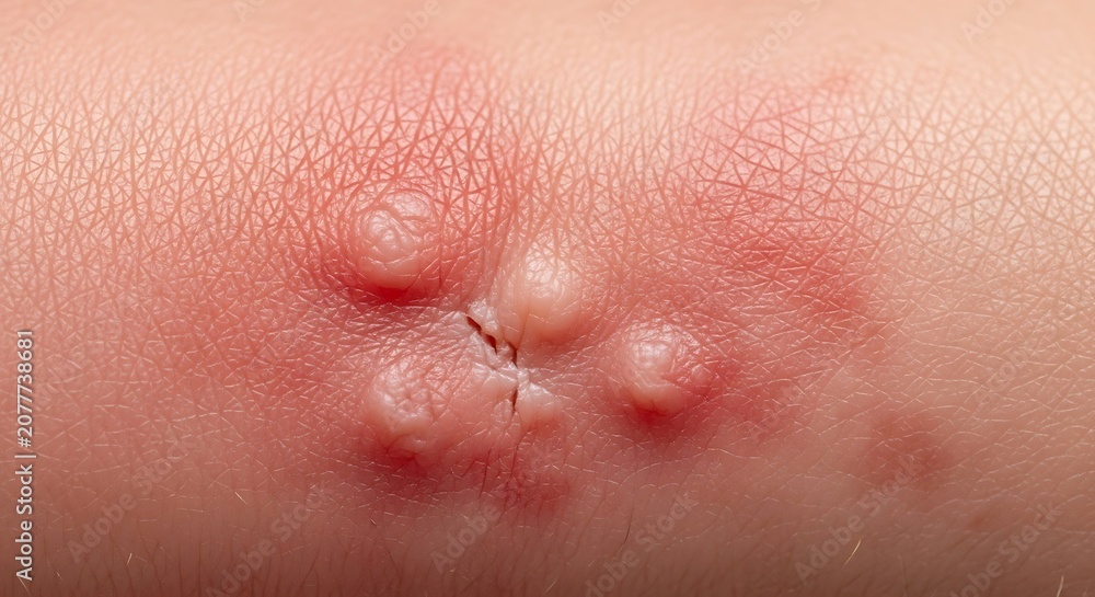 Fototapeta premium Close up of a skin rash with blisters and inflammation.