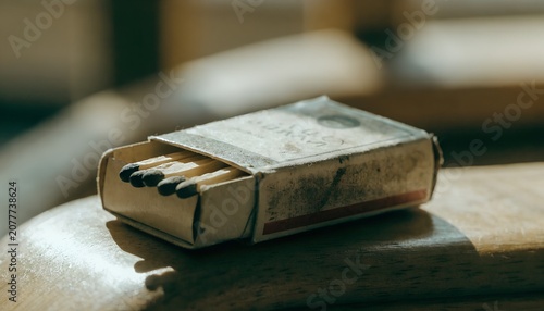 close up of vintage matchbox with worn paper label scratched texture side light casting shadow muted warm tones