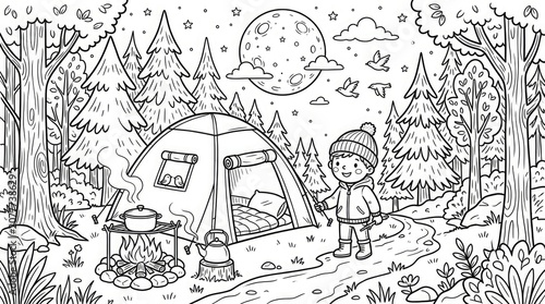 Camping scene with a child setting up a tent in a forest under a full moon