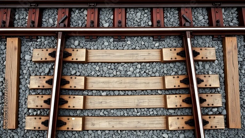 Top-down view of railway sleepers and ballast stones in a geometric pattern.