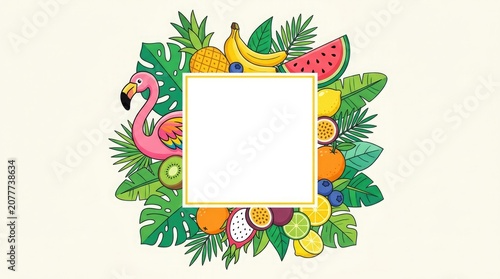 Tropical fruit and flamingo border template
