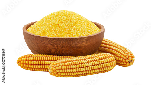 Canvastavla Wooden bowl filled with yellow cornmeal and whole corn cobs