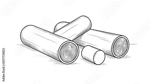 Sketch of stacked timber logs wood for construction and firewood black and white illustration