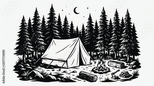 Camping in the woods at night with a tent and campfire