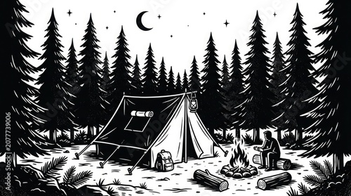 Black and white illustration of a serene nighttime camping scene in a forest