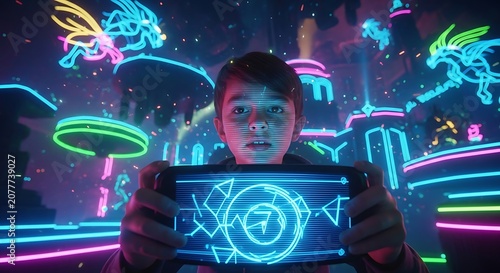 Focused Young Boy Holding Glowing Digital Device in Futuristic Neon Arcade