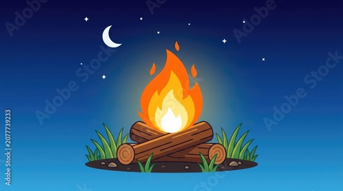 A cartoon campfire burns brightly under a starry night sky with a crescent moon