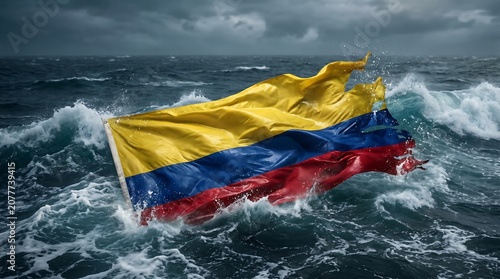 Colombian flag waves in stormy seas.