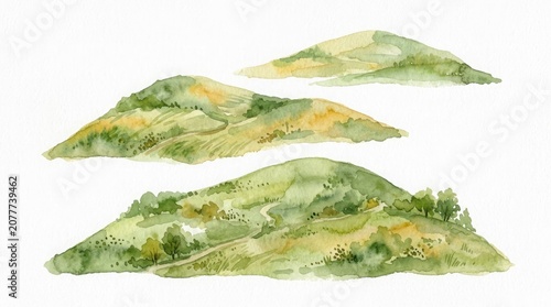 Watercolor rolling hills landscape set green and gold tones isolated on white background