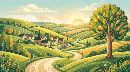 Serene countryside landscape with rolling hills quaint village and winding roads at golden hour