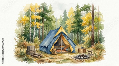 Watercolor painting of a blue tent in an autumn forest campsite with campfire and gear