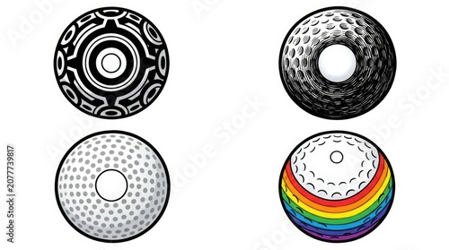 Golf ball collection artistic renderings of dimpled spheres in diverse styles and patterns