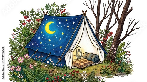 Whimsical illustration of a camping tent under a starry night sky with forest surroundings