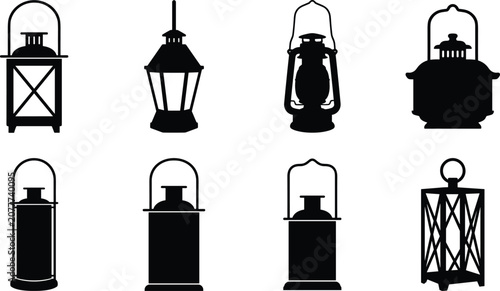 Canvastavla Lantern silhouette collection illustration, vintage lighting fixtures and decora