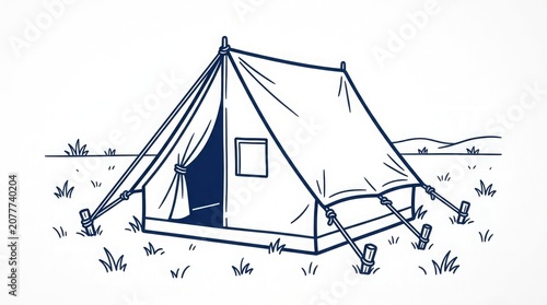 Line art illustration of a classic camping tent pitched in grassy outdoor environment