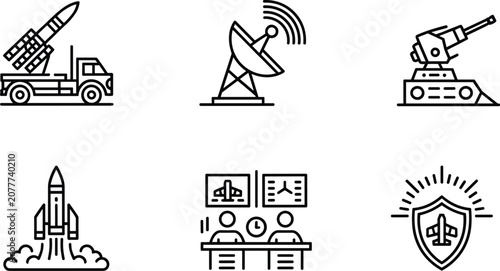 Military defense line icons collection, missile launcher radar artillery rocket command aircraft shield, editable vector outline illustration set