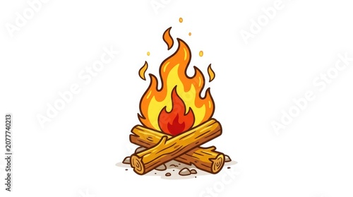 Cartoon campfire illustration with burning logs and flickering flames on white background