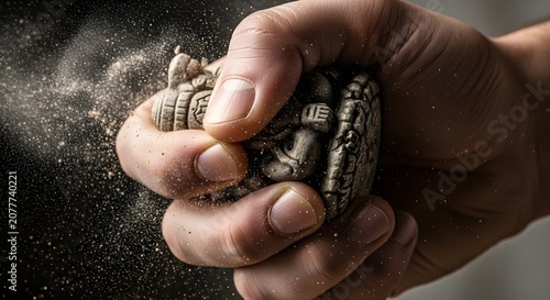 Hand crushing a stone Ganesha deity statue into fine dust against a dark background