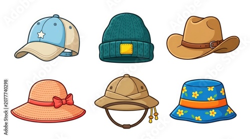 Variety of headwear illustration baseball cap beanie cowboy hat sunhat safari helmet and bucket hat