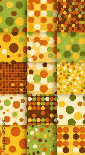 Colorful Retro Polka Dot Pattern Tiles Arranged in Vertical Abstract Grid