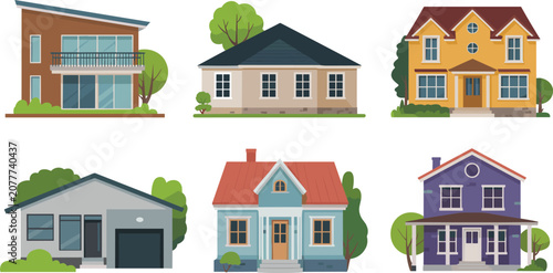 Modern residential house collection, colorful suburban home exteriors, contemporary architecture illustration, isolated family property vector design set