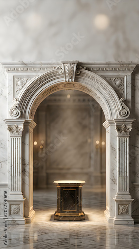 Elegant architectural archway with a classical stone pedestal in a historic building interior