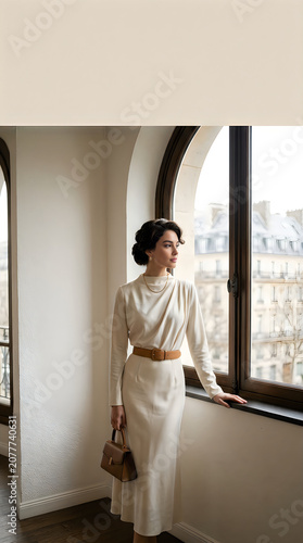 Elegant woman in a white dress standing by a large window in a bright room