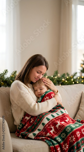 Loving mother holding her baby in a cozy blanket at home during christmas holidays