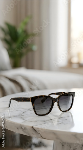 Stylish black sunglasses resting on a bright marble table in a modern room