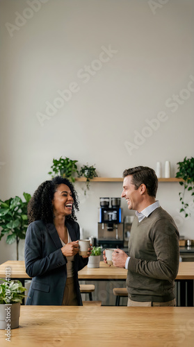 Happy multiethnic business colleagues talking and drinking coffee together in a modern office break room