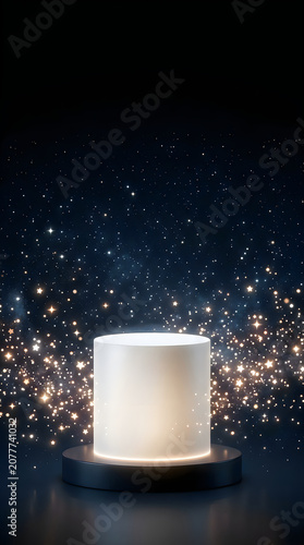 Empty white product display cylinder podium on a black background with glowing magical sparkles and light particles