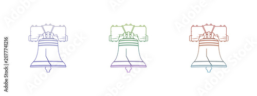 Three colorful liberty bell outline icons on white