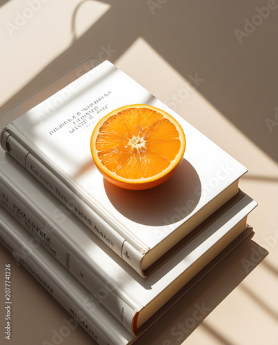  orange_slice_on_stacked_white_books