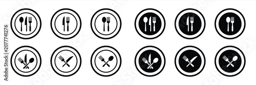 Restaurant Dining Cutlery Icons Set Collection with Spoon Fork Knife Plate Tableware Food Service Menu and Kitchen Symbols Vector Illustration