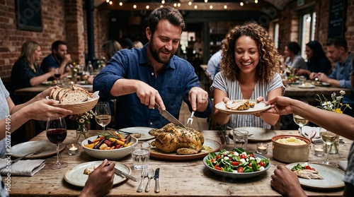 Happy couple celebrating anniversary with family feast.