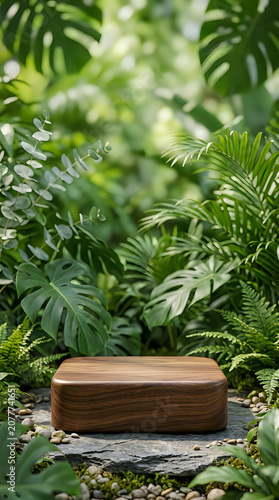 Empty stone product display podium stand in a lush green tropical forest garden