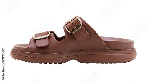 Fotografie Brown leather slide sandals with double buckle straps and platform sole