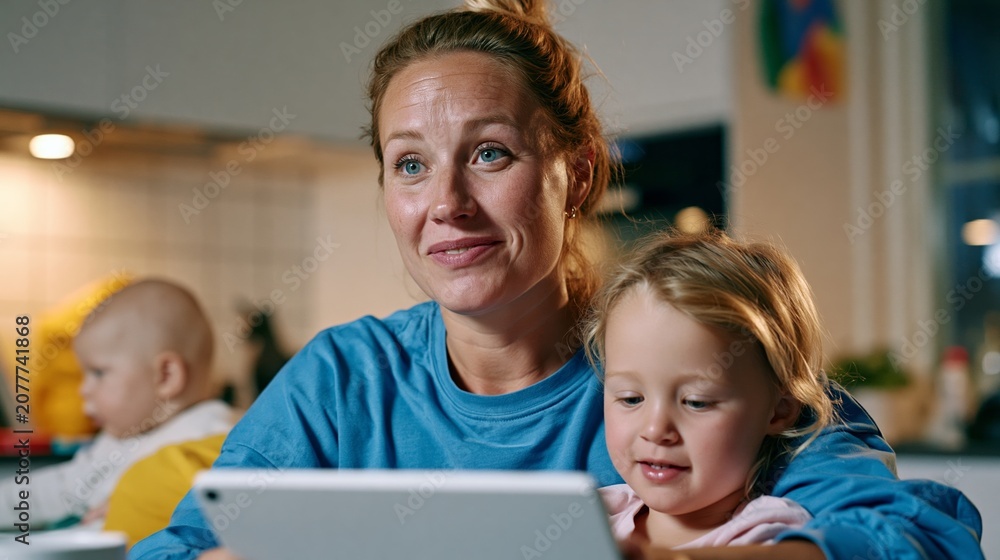 Obraz premium Woman and Child Engaged in a Digital Environment, Potentially at Home