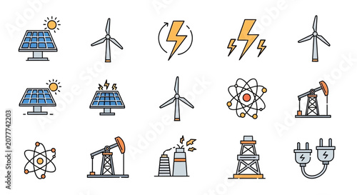 Illustration of Sustainable Energy Sources and Icons Representing Power Generation