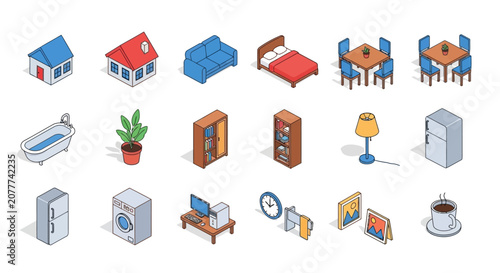 Isometric illustration of interior and exterior design elements for home decoration and lifestyle