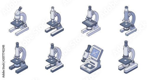 Isometric illustrations of various scientific microscopes with modern and traditional designs