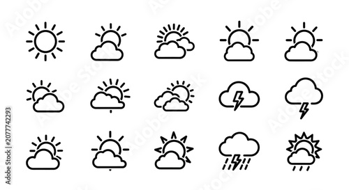 Minimalistic Weather Icons Depicting Sunny, Cloudy, Stormy, and Rainy Conditions Accurately