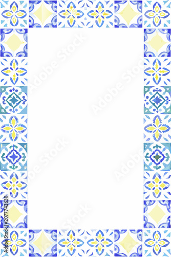 Azulejo Tile Border A Repeating Watercolor Pattern In Blue And Yellow