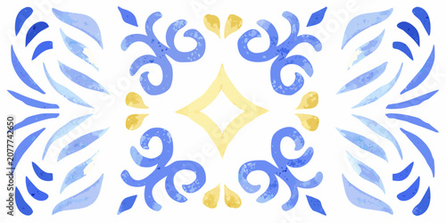 Watercolor azulejo tile pattern with blue and yellow floral ornaments