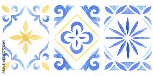 Watercolor Azulejo Tile Patterns With Blue And Yellow Geometric Shapes