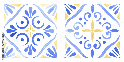 Watercolor Azulejo Tile Pattern With Floral And Geometric Motifs tiles