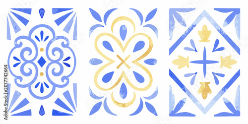 Watercolor azulejo tile patterns with floral and geometric motifs on a white background